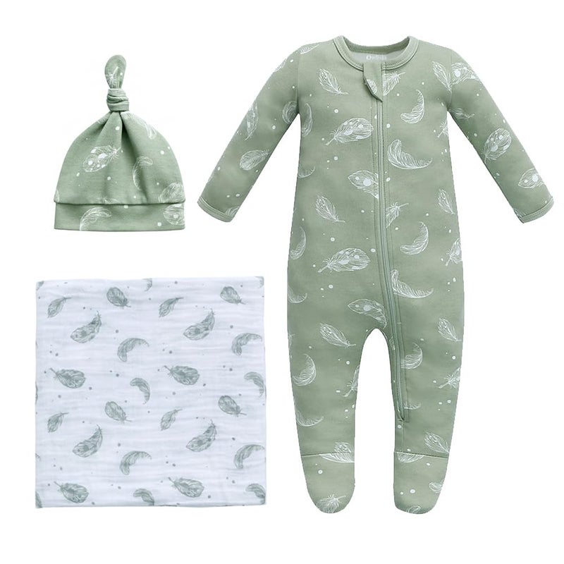 Owlivia Organic Take Me Home Outfit Set, Newborn Baby Boy Girl Footed Pajama Hat and Muslin Blanket Gift Set,3 Pcs(Feather Green, 0-3Months) - Image 1